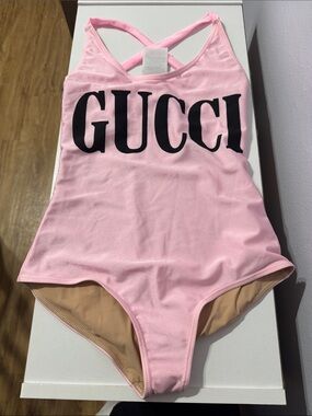 NWT Gucci Sparkling Logo One-Piece Swimsuit Pink Black XS